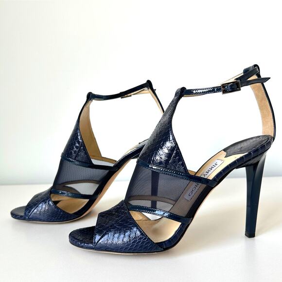 Jimmy Choo Timbus 100 Snakeskin Mesh Heel Sandal Navy Size 39 - Picture 16 of 16